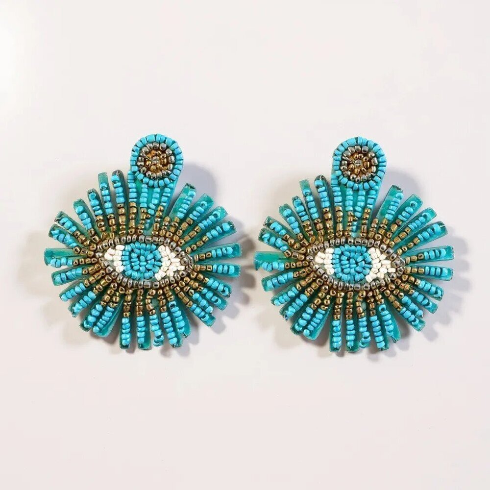 Beaded Blue and White Eye Earrings